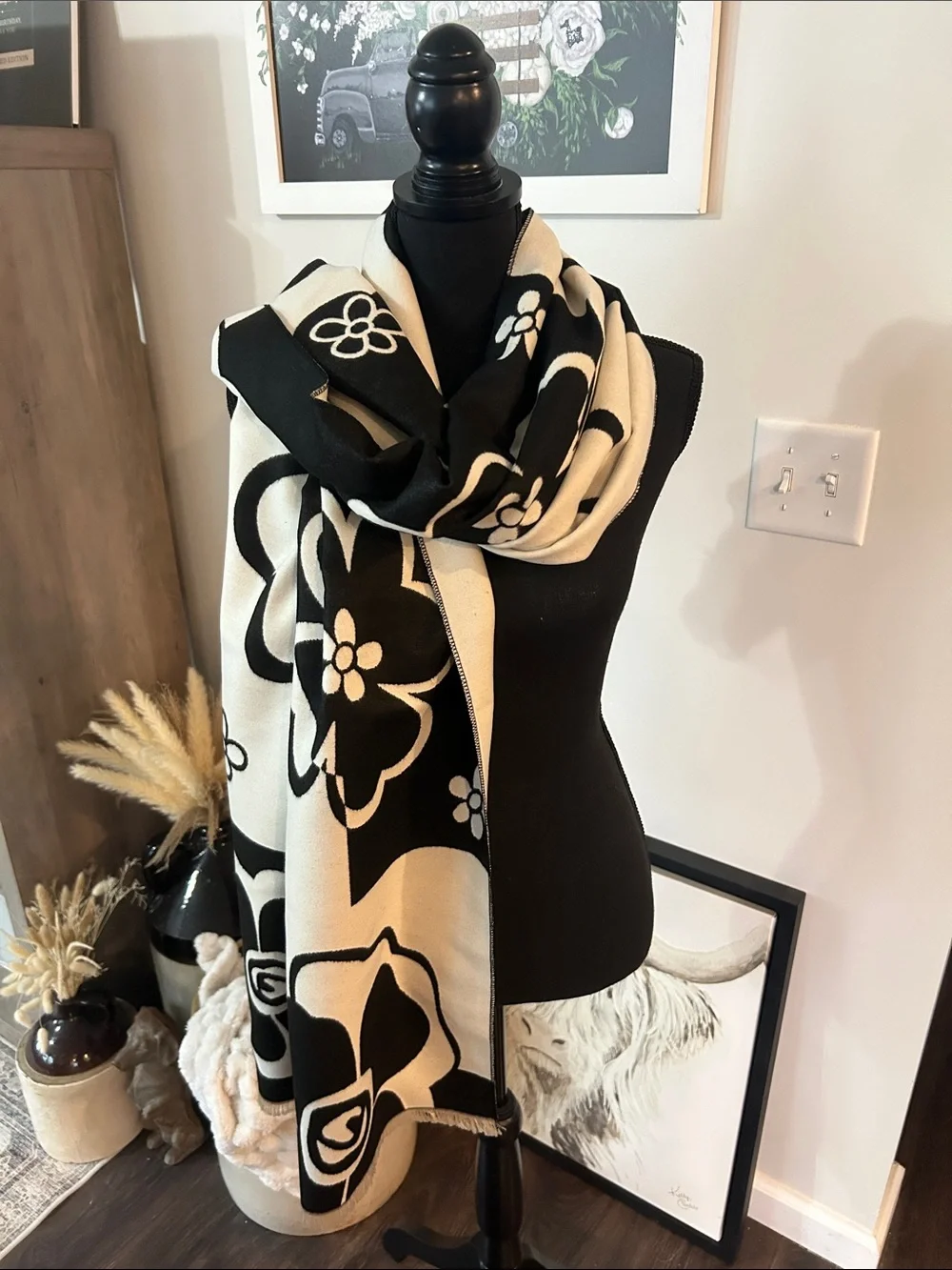 Black & Cream Floral Knit Scarf - Women Accessories